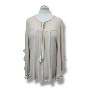 Vision USA Women’s V Neck Peasant Blouse Tassel Tie Batwing Poncho Lace Beige M
